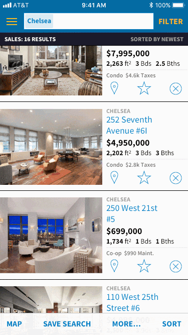 Quick location lookup interaction available from List View in the Search Experience by swiping right or tapping the map marker icon on each row.